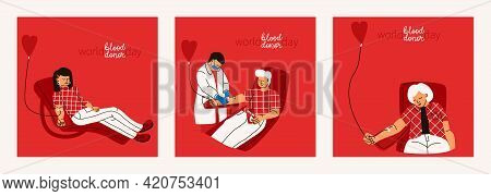 World Blood Donor Day. Set Of Vector Illustrations On Blood Donor Concept. Men And Women Donate Bloo