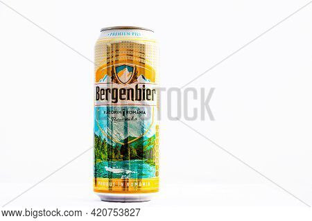 Can Of Bergenbier Beer Isolated On White. Illustrative Editorial Photo Shot In Bucharest, Romania, 2
