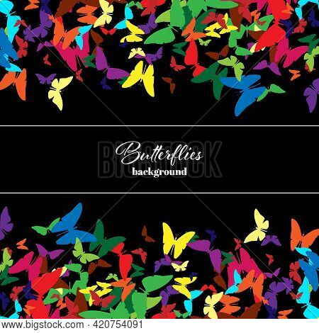 Abstract Background With Detailed Color Butterflyes On Black Background