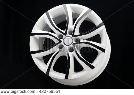 Car Alloy Wheel, Unusual White With Black Paint On The Spokes. The Disk For Autotuning, Beautiful