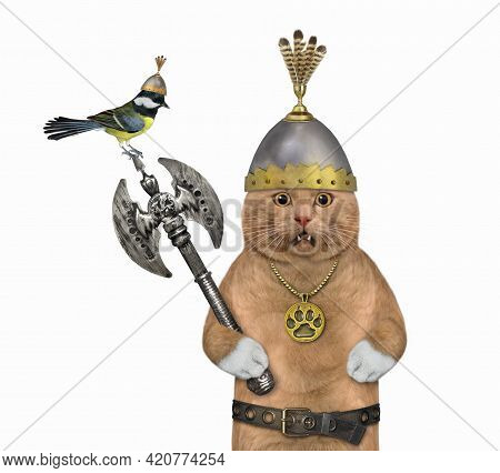 A Reddish Cat In A Helmet Holds A Double Headed Battle Axe. White Background. Isolated.