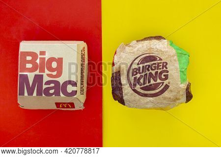 Calgary, Alberta. Canada. May 17, 2021. A Mcdonald's Big Mac And Burger King Whopper Hamburgers. Con