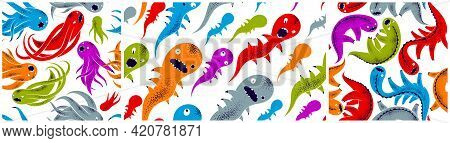 Scary Horror Monsters Seamless Vector Textile Pattern Set, Beasts Creatures Endless Wallpaper, Styli