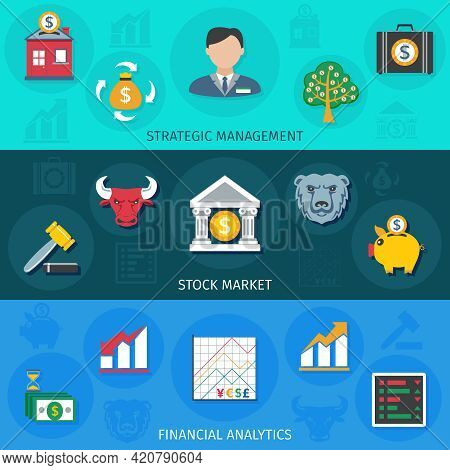 Investment Strategic Management Stock Market And Financial Analytic Flat Long Shadows Horizontal Ban