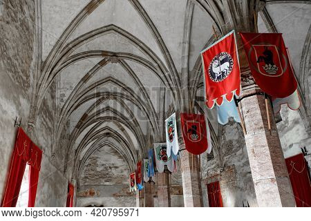 HUNEDOARA, ROMANIA - MAY 7, 2021: Architectural details of Corvin Castle, also known as Hunyadi Castle or Hunedoara Castle, Hunedoara County, Transylvania, Romania