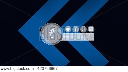 Composition of sports icons with data processing and blue arrows on black background. global sports, physical activity, medicine and data processing concept digitally generated image.