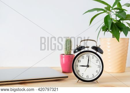 Classic Vintage Black Alarm Clock, Laptop, Potted Plants And Board Sign \'work Time\' On Wooden Desk