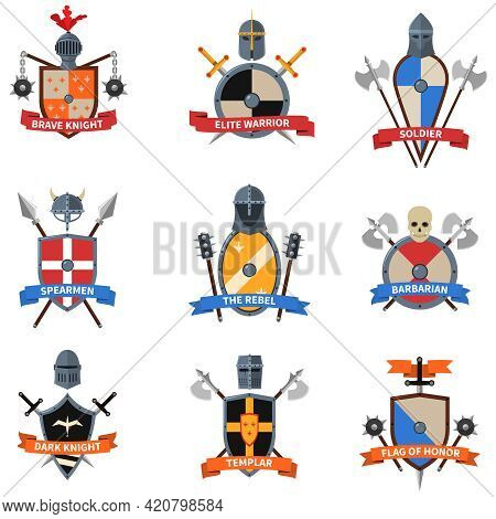 Legendary Knights Warriors Coats Of Arms Emblems Flat Labels Collection With Heraldic Shields Abstra