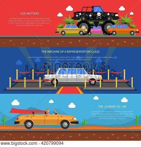 Cars Horizontal Banners Set With Representation Class Cars And Journey By Car Symbols Flat Isolated 
