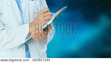 Composition of midsection of male doctor in lab coat writing on clipboard over blue background. medicine and science concept digitally generated image.