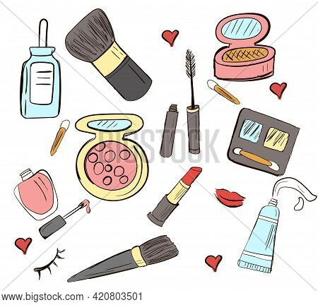 Hand-drawn Set Of Vector Cosmetics. Doodle Illustration