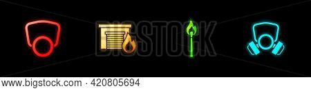 Set Gas Mask, Fire In Burning Garage, Burning Match With Fire And Icon. Vector