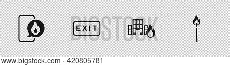 Set Phone With Emergency Call 911, Fire Exit, In Burning Buildings And Burning Match Fire Icon. Vect
