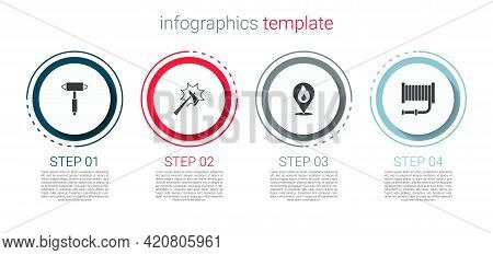 Set Firefighter Axe, , Location With Fire Flame And Hose Reel. Business Infographic Template. Vector