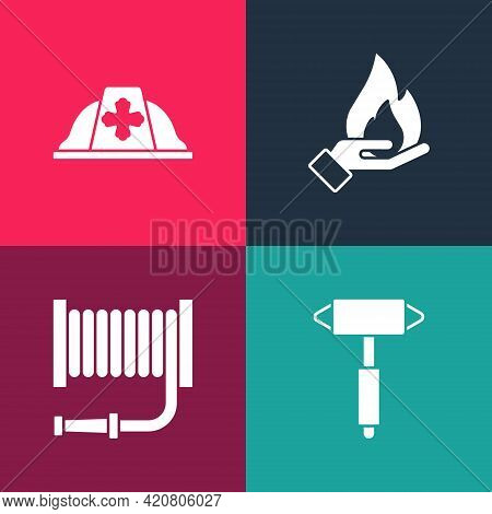 Set Pop Art Firefighter Axe, Hose Reel, Hand Holding Fire And Helmet Icon. Vector
