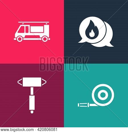 Set Pop Art Fire Hose Reel, Firefighter Axe, Telephone Call 911 And Truck Icon. Vector
