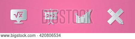 Set Paper Cut Square Root Of X Glyph, Chalkboard, Graph, Schedule, Chart, Diagram And Crossed Ruler 