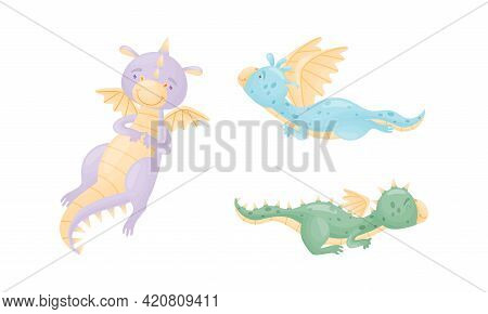 Cute Dragons As Horned And Winged Four-legged Creature From Fairytale Vector Set