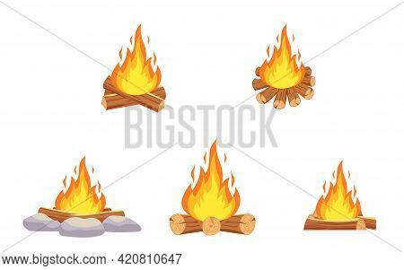Wood Campfire. Outdoor Bonfire, Fire Burning Wooden Logs And Camping Stone Fireplace. Vector Illustr