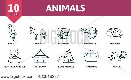 Animals Icon Set. Contains Editable Icons Domectic Animals Theme Such As Donkey, Parrot, Chameleon A