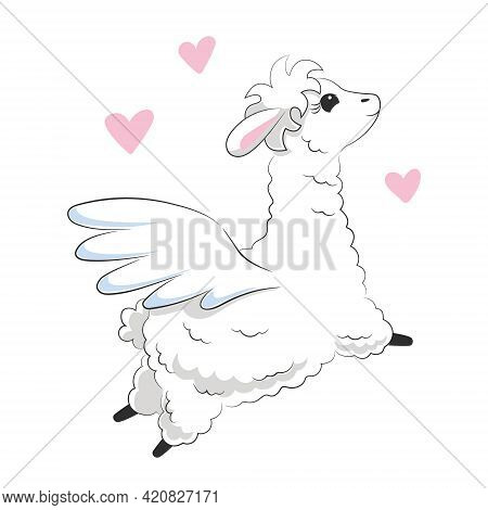 Cute White Fluffy Llama Flying With Pegasus Wings Surrounded By Pink Hearts. Hand Drawn Animal For G