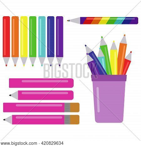Set Of Multicolored Pencils, Rainbow Pencil And Various Pencils With Eraser Vector Illustration
