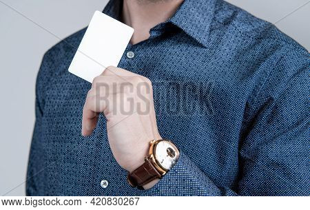 Make Your Card As Unique As You. Empty Card In Male Hand. Identification Paper. Showpiece