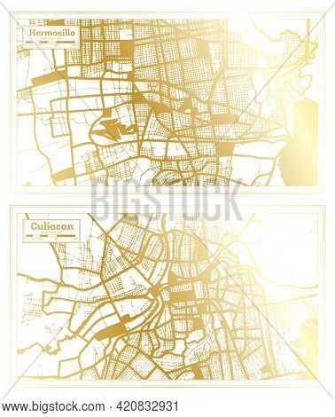 Culiacan and Hermosillo Mexico City Map Set in Retro Style in Golden Color. Outline Map.