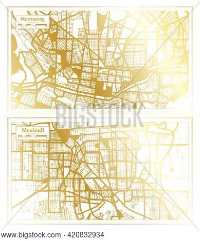 Mexicali and Monterrey Mexico City Map Set in Retro Style in Golden Color. Outline Map.