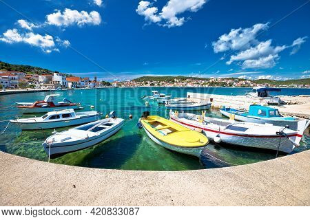 Coastal Town Of Tisno Turquoise Waterfront View, Bridge To Island Of Murter, Dalmatia, Croatia
