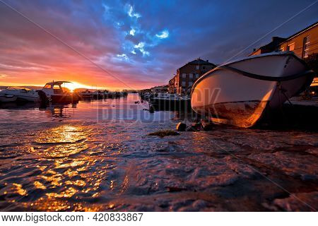 Town Of Karlobag In Velebit Colorful Sunset Panoramic View, Adriatic Region Of Croatia