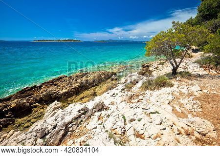 Idyllic Turquoise Rocky Beach Landscape View In Zadar Riviera, Pakostane In Dalmatia Region Of Croat