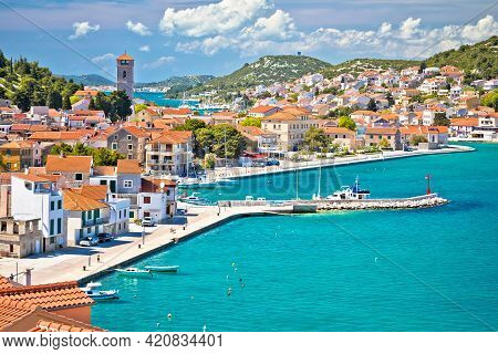 Coastal Town Of Tisno Waterfront View, Bridge To Island Of Murter, Dalmatia, Croatia