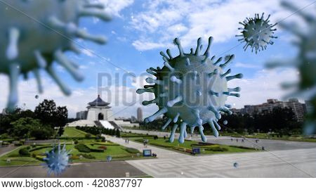 3D Illustration Flu Coronavirus Floating On Memorial Hall. Taiwan Covid 19 Virus