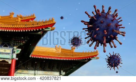 3D Illustration. Covid19 Virus On National Theater Monument Memorial Hall Taipei