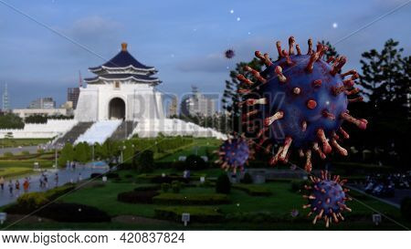 3D Illustration. Famous Taipei Memorial Hall And Coronaviruses Pandemic. Covid19