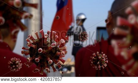 3D Illustration. Covid 19 On Buddhist Monks With Honor Guard Flag Lowering.