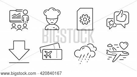 Presentation, Cooking Chef And Boarding Pass Line Icons Set. Like, Downloading And File Management S