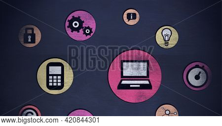 Composition of digital online icons over grey background. global networks and digital interface concept digitally generated image.