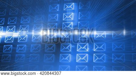 Composition of digital mail envelopes on glowing blue background. global networks and digital interface concept digitally generated image.