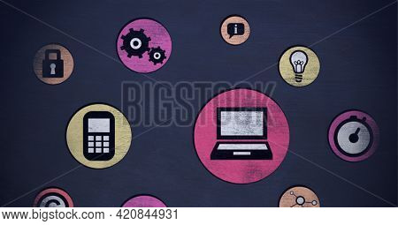 Composition of digital online icons over grey background. global networks and digital interface concept digitally generated image.