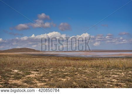 Panorama Of The Koyashskoe Pink Salt Lake In The National Opuk Reserve