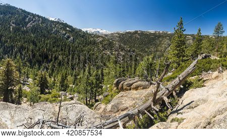 Panoramic view of Stanislaus National forest and Sierra Nevada mountains on the route 80 from California to Nevada, USA