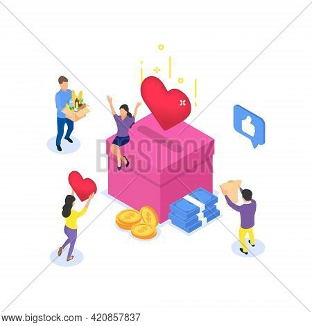 Donation Concept. Little People Do Charity Work. Men And Women Bring Food, Clothes, Money. Volunteer