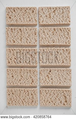 Rye Crisp Bread On A White Wooden Background. Top View. Copy, Empty Space For Text