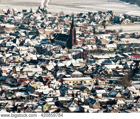 Panoramic Drone View Of Snow-covered Vineyards In The Rhine Valley
