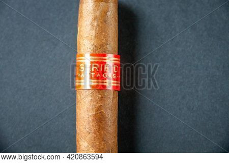 Paris - France - March 23, 2021 : Brown Partagas Cuban Cigar Isolated On Grey