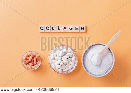 Different Types Of Collagen For Skin Care Flat Lay With Collagen Quote Made Of Wooden Blocks
