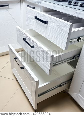 Solution For Placing Kitchen Utensils In Modern Kitchen. Horizontal Sliding Pullout Drawer Shelves S