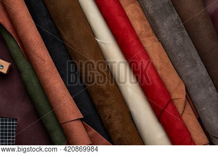 Artificial Leather Samples On A Cow Leather Background. Top View.